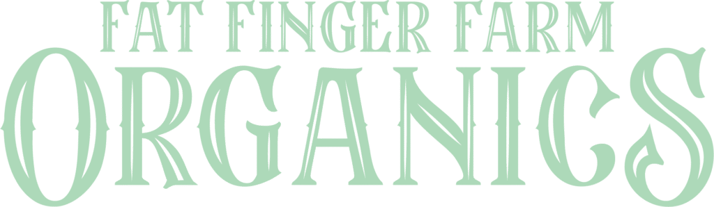 Fat Finger Farm Organics logo in stylised green vintage typeface on a dark background, used to highlight organic cultivation practices.